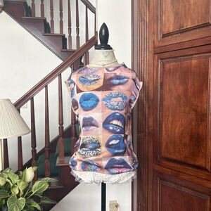 Y2K Lip Lipstick print Blouse Indie Sleaze Tumblr Top Festival Rave